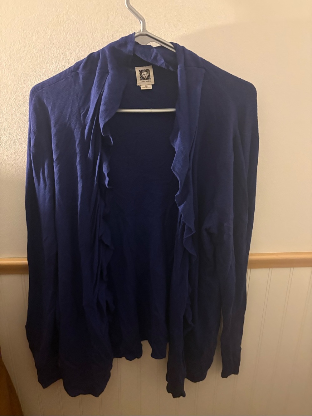 Anne Klein Women’s 2X Blue Ruffle Waterfall Cardigan